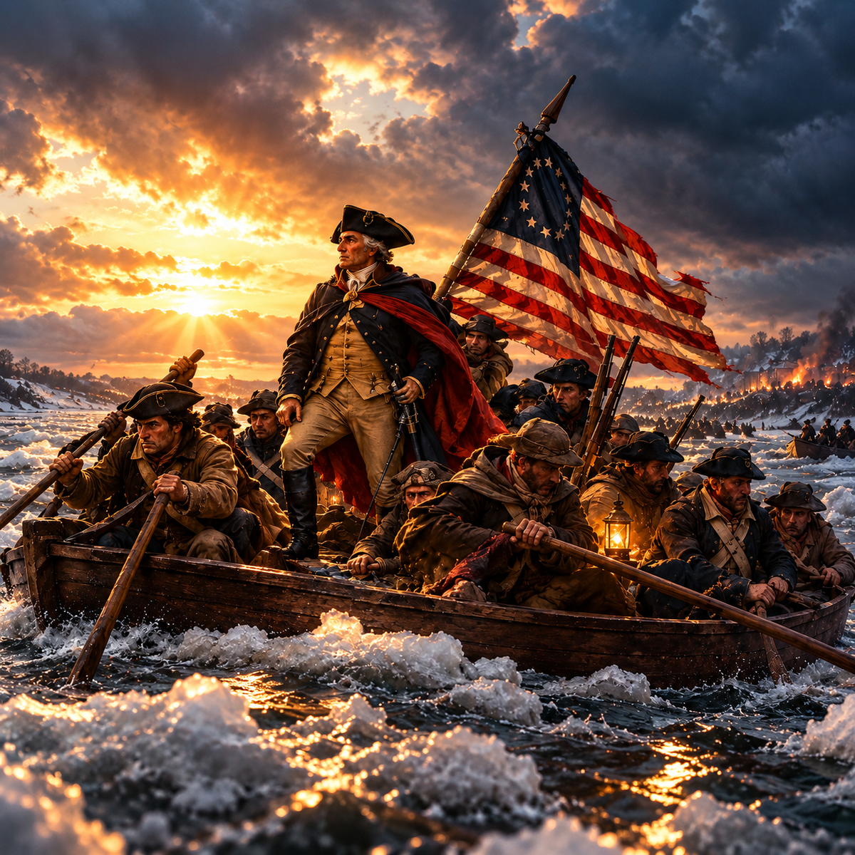 Historical illustration of Continental Army soldiers crossing the icy Delaware River beneath an early American flag in 1776.