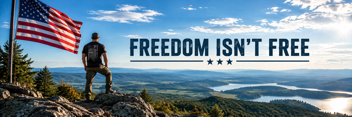 Mountain landscape beneath a blue sky with the words “Freedom Isn’t Free” in patriotic red and blue lettering.